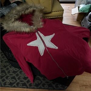 Urban Outfitters Red Hoodie with White Star and Fur Trim
